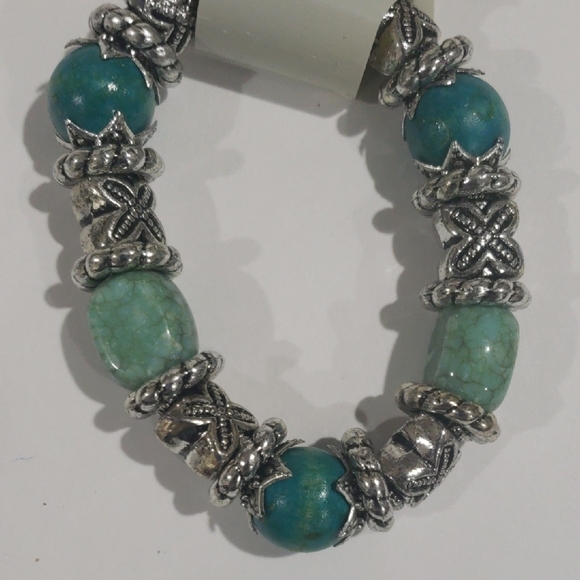 Elegant Silver tone & Turquoise Beads Bracelet and Earring Set - Women's Jewelry - Picture 4 of 6